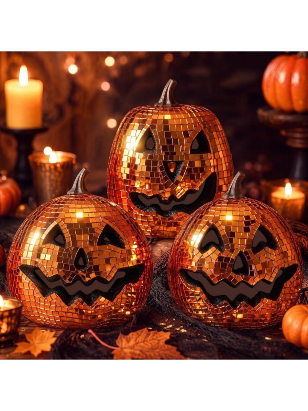 3 Pcs Large Halloween Disco Pumpkin Decor Set - Ghost & Orange Pumpkins